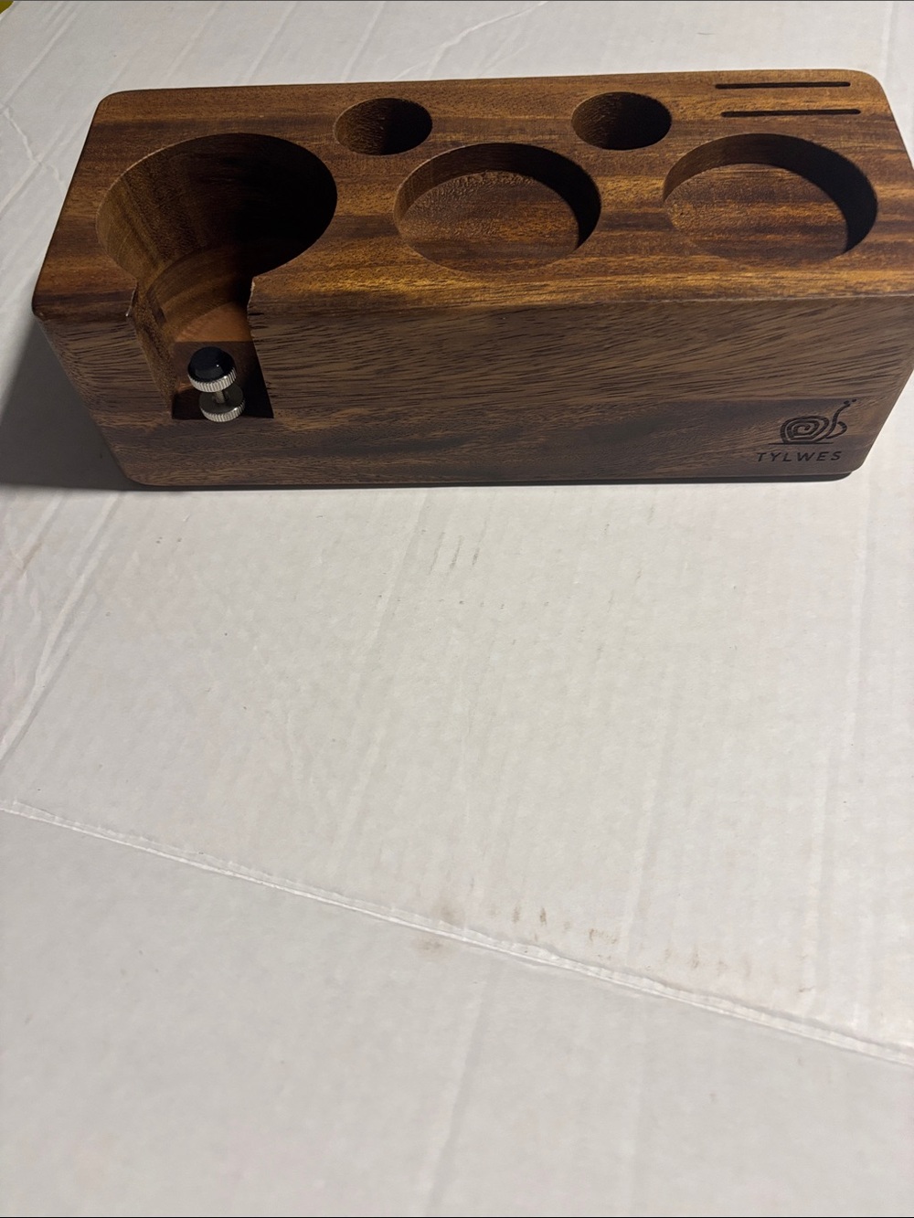 Tylwes walnut wood, an espresso tamper station